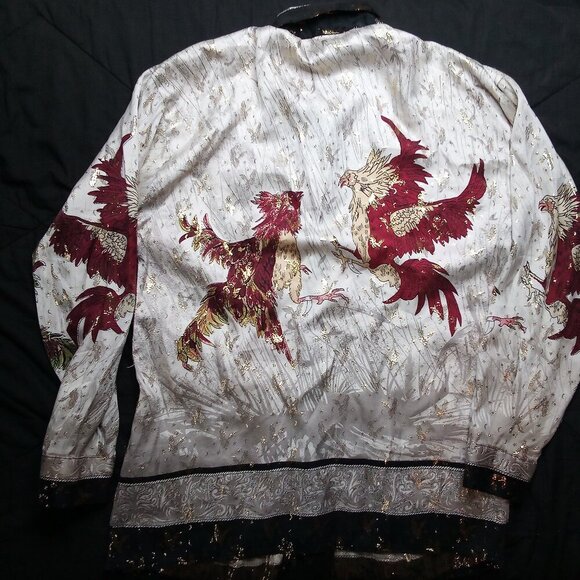Vintage Silk Boy Rooster Phoenix Metallic Gold Button Shirt - Picture 6 of 8